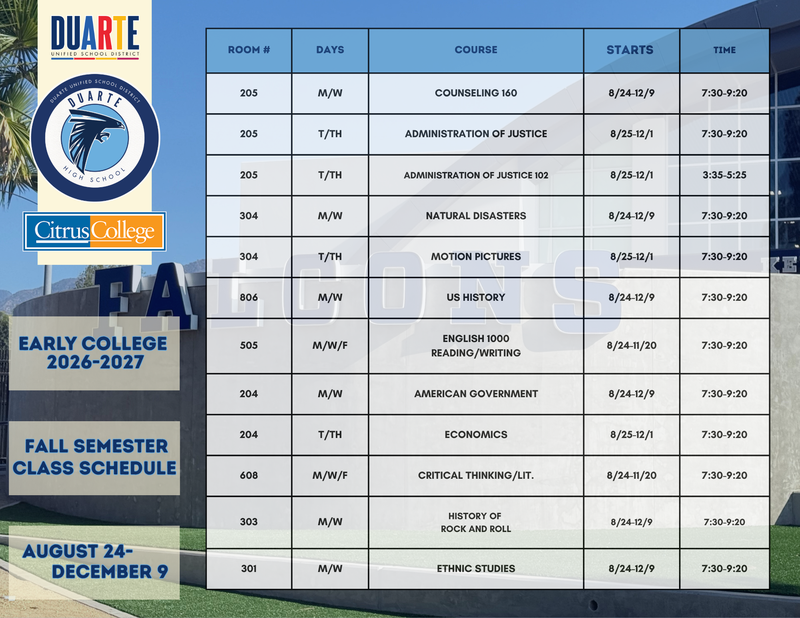 Early College Fall semester schedule