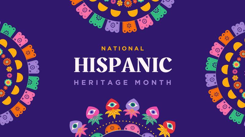 Purple background with bright colorful circular designs around Hispanic Heritage Month