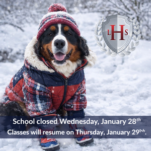 A picture of Griffin, LHS comfort dog, announcing that school is closed January 28th.