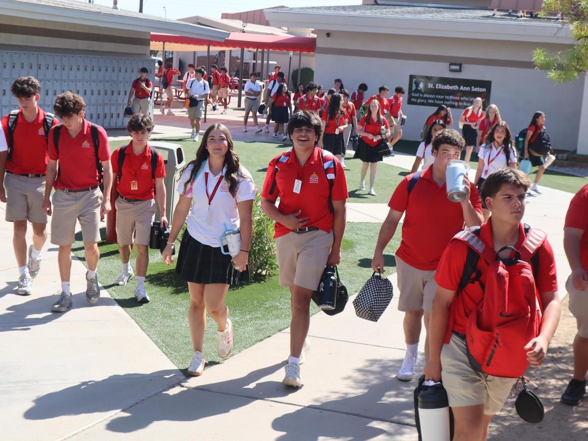 Students walking in the grassy quad