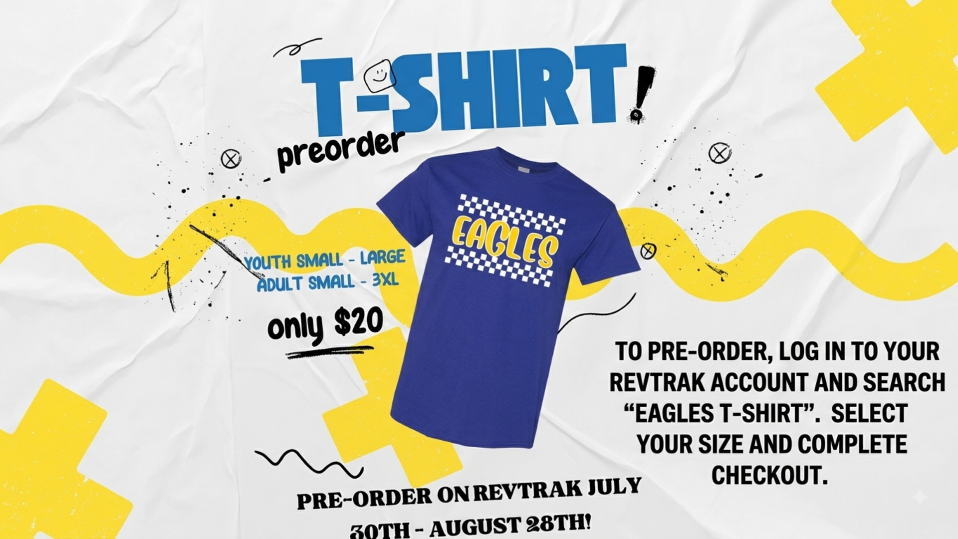 Blue t-shirt advertising pre-order details and pricing.