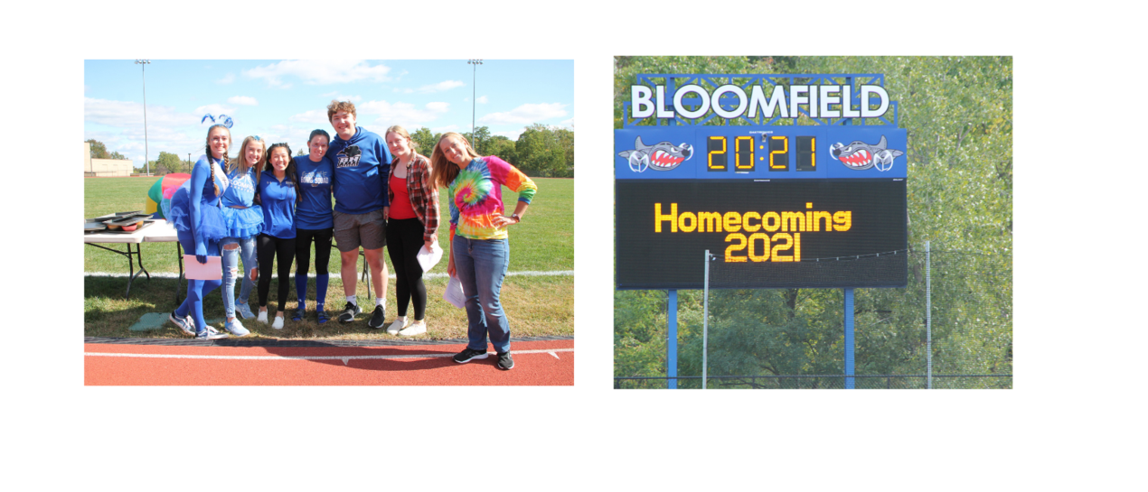 student council students and their advisor, scoreboard with homecoming 2021 on it