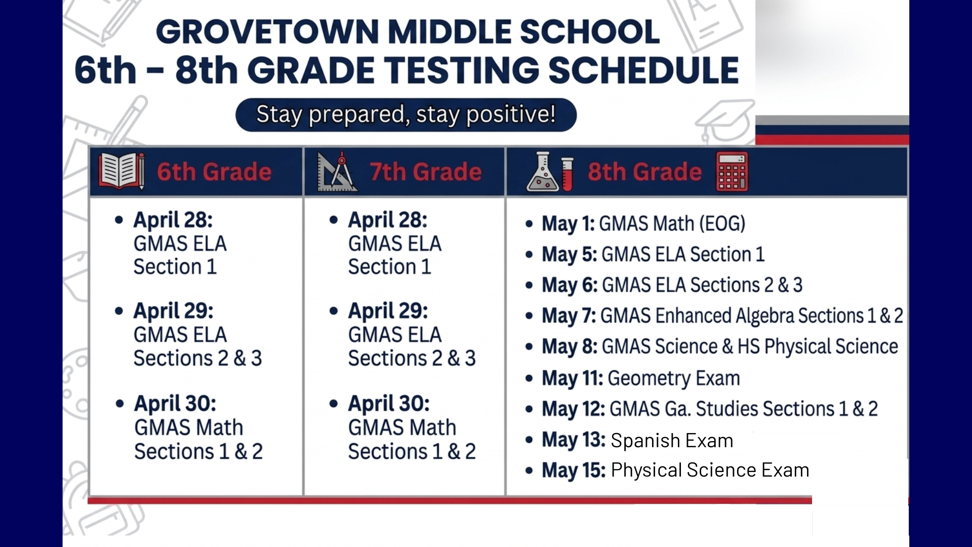 Testing schedule for 6th, 7th, and 8th grades at Grovetown Middle School.