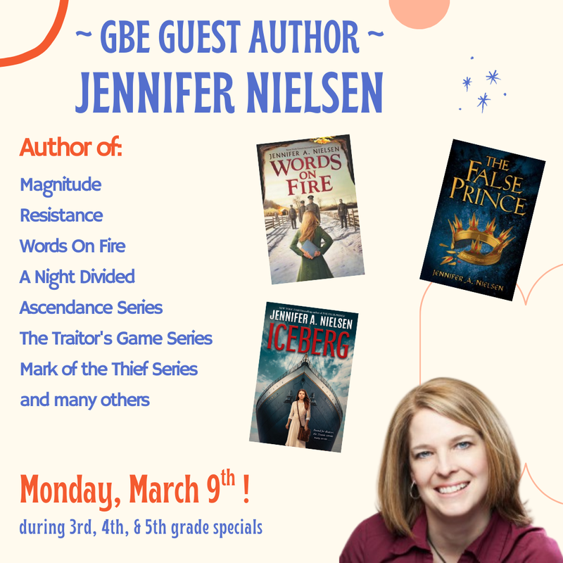 Text promoting guest author Jennifer Nielsen with book covers and event details.