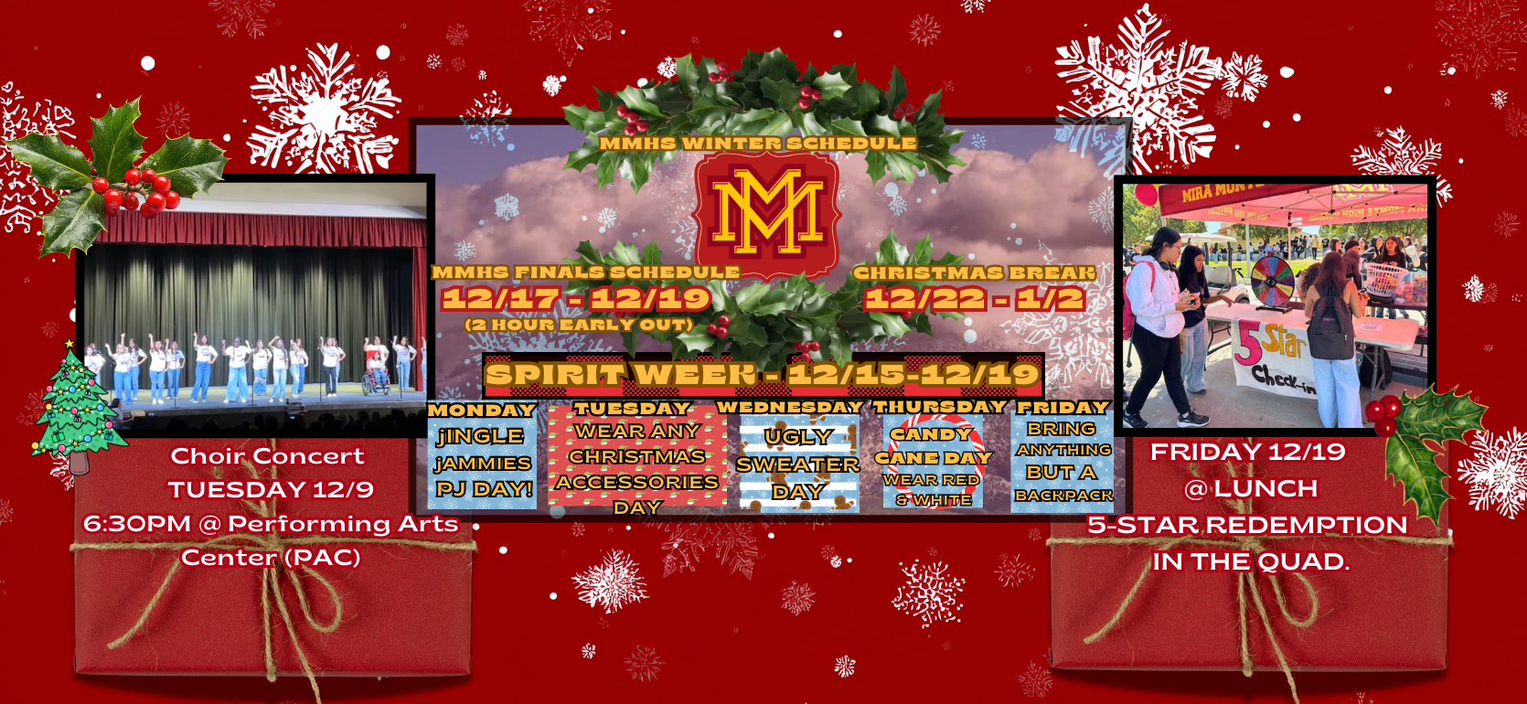 Winter schedule collage with choir performance, events, and festive decorations.
