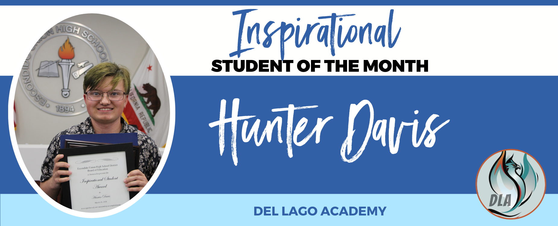 Portrait of a smiling student holding an award certificate with a blue background.