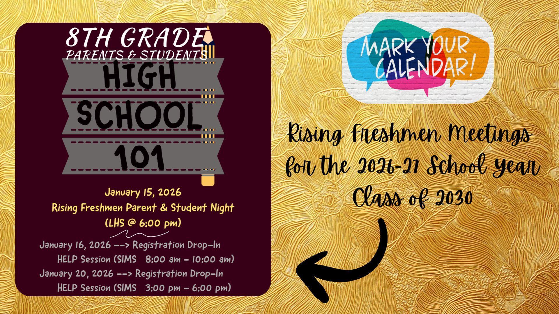 Event flyer for 8th grade high school information night with meeting details and a decorative background.