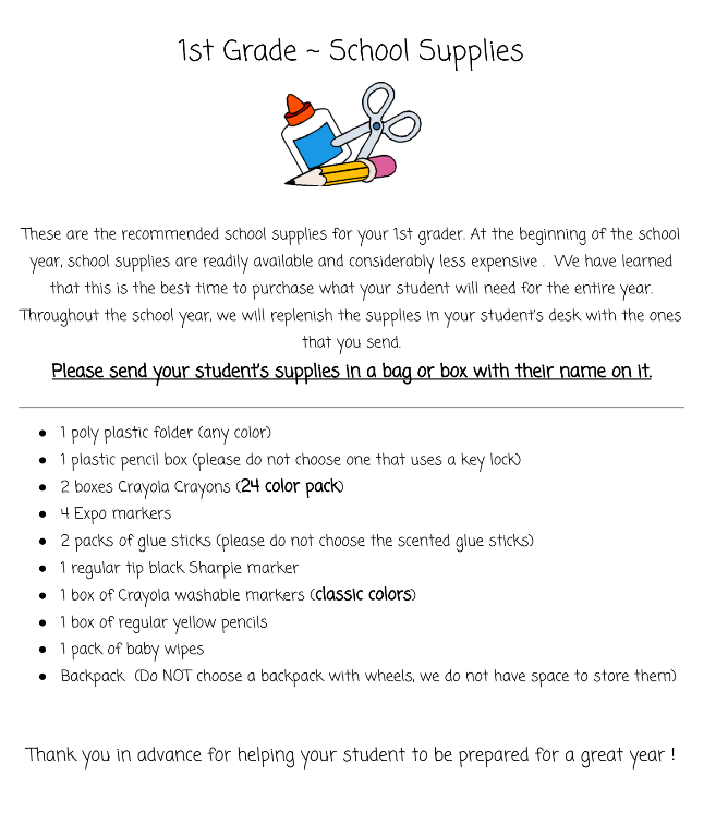 1st Grade School Supply List Mrs. Erin Bates Veterans Elementary School