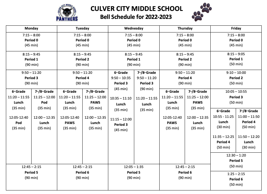 Bell Schedules About Us Culver City Middle School