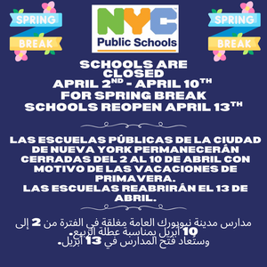 School closed for spring break flyer in multiple languages