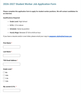 Student worker job application form with fields for personal information.