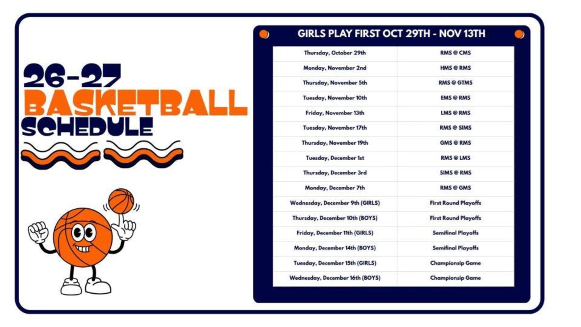 Basketball schedule for girls from October 29 to December 16.
