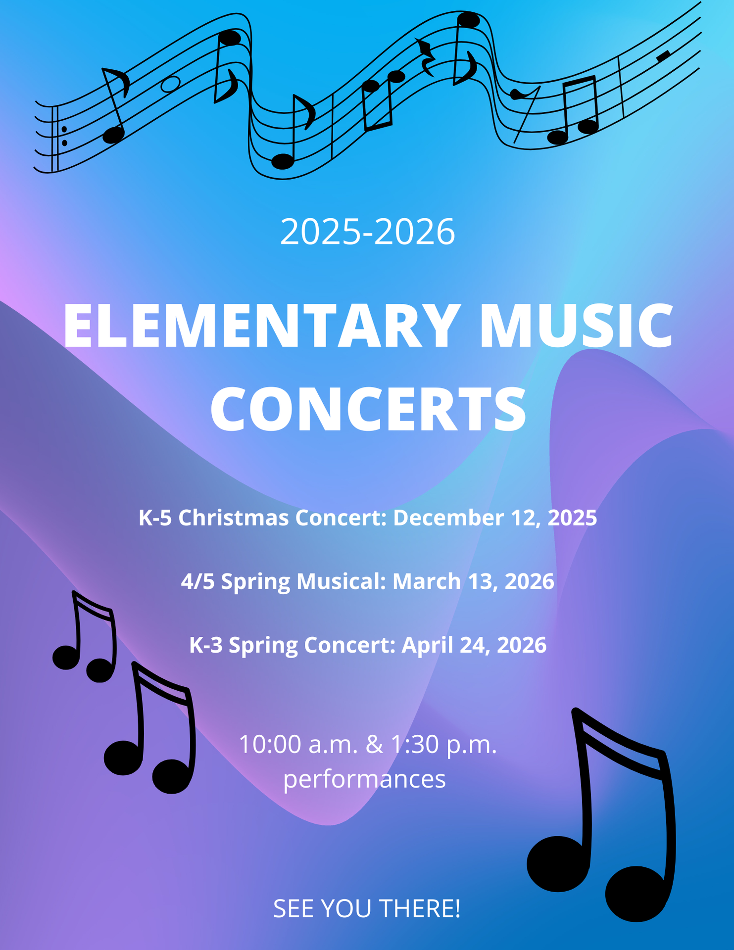 blue and purple background with music notes stating 2025-2026 Elementary Music Concerts