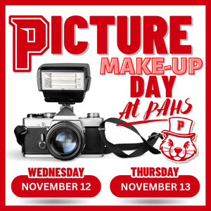 Red and white design with a camera and text stating that PAHS Photo Makeup Days will be November 12 and November 13