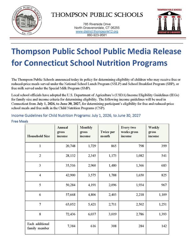 Thompson Public School Public Media Release for Connecticut School Nutrition Programs