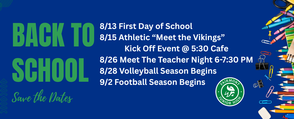Text announcement for back-to-school dates with a colorful border and school supplies.