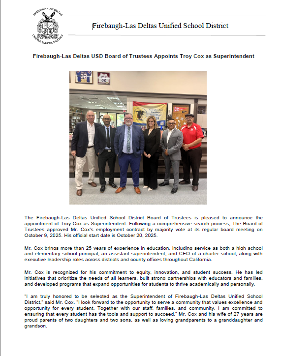 Appointment of Superintendent Troy Cox
