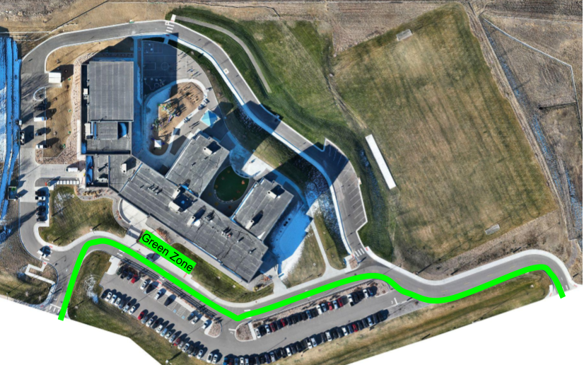 Aerial map highlighting Green Zone route for grade pickup at school.