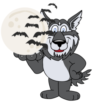Wolf holding a moon and bats flying