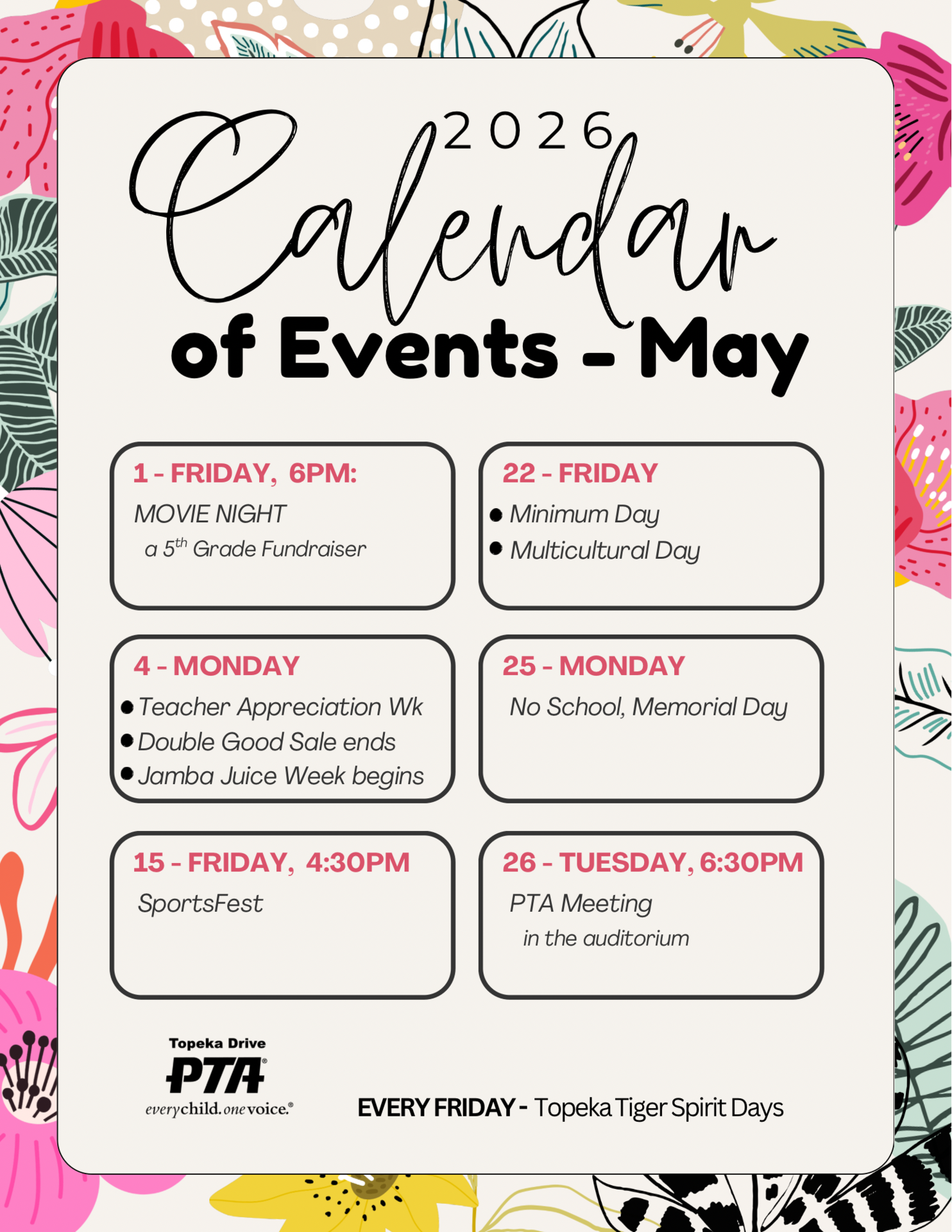 PTA May 2026 Calendar