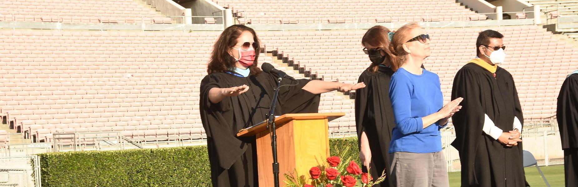 Principal Jeannie Gutierrez speaking at the 2021 MKHS Graduation Ceremony
