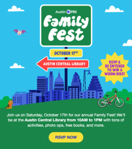Event announcement for Family Fest at Austin Central Library with skyline and bike.