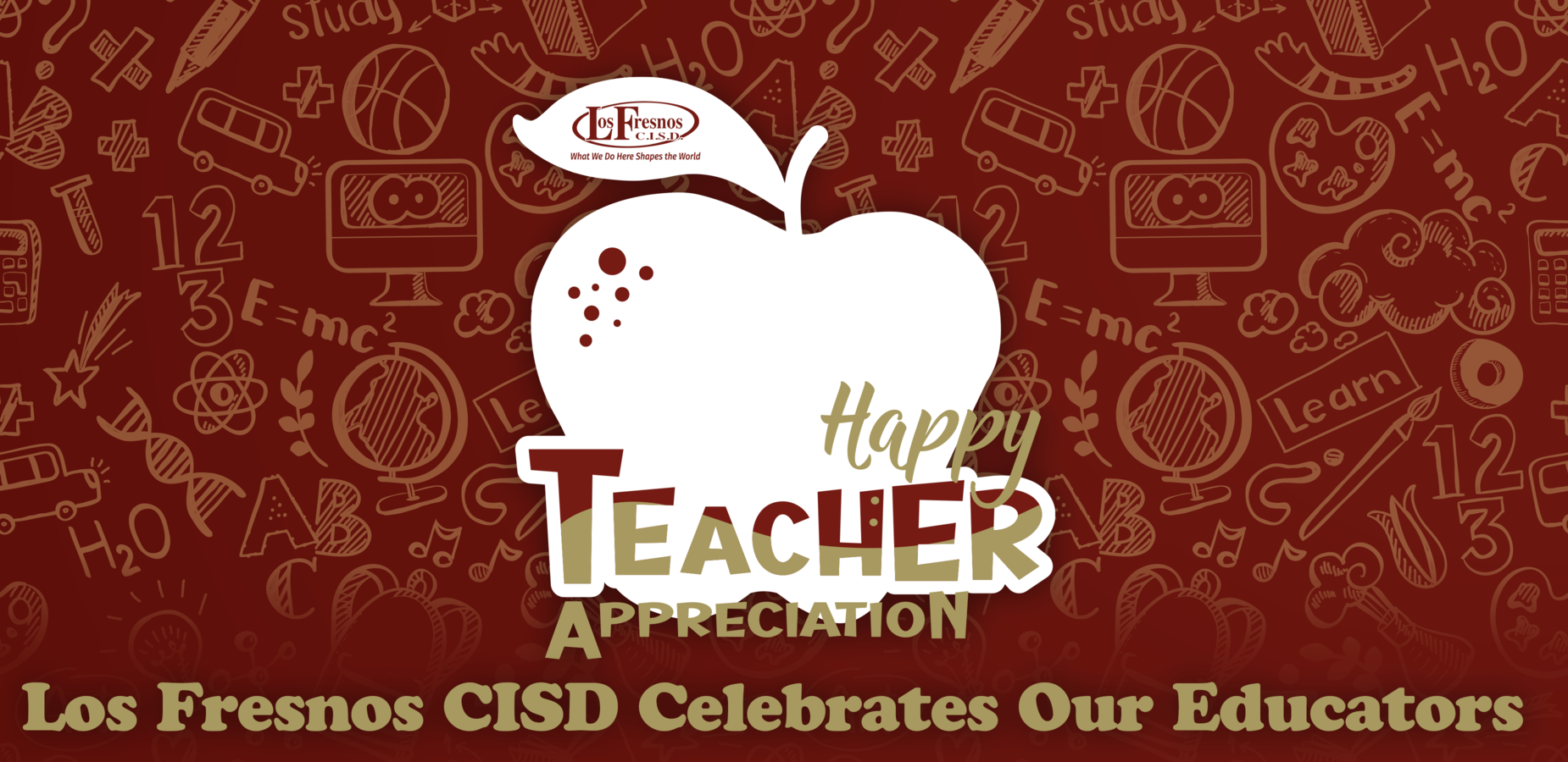 Teacher appreciation banner - white apple with slogan and red background.