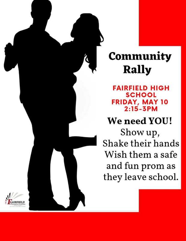 A flyer with 2 people dancing inviting the public to a Community Rally on May 10 from 2:15-3:00 p.m. to shake hands and wish our students heading to prom May 11 a safe and fun time.