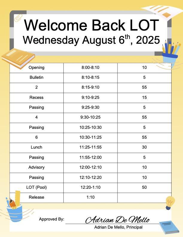 Welcome Back LOT Bell Schedule