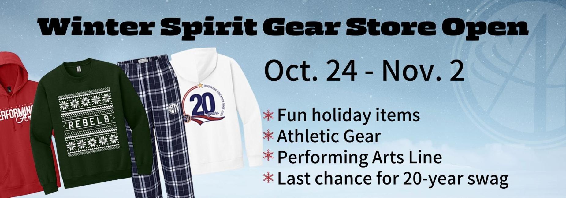Winter Spirit Gear Store promotions with holiday items and athletic wear.