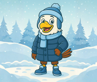 Illustration of eagle wearing winter clothing and standing in the middle of a snow scene