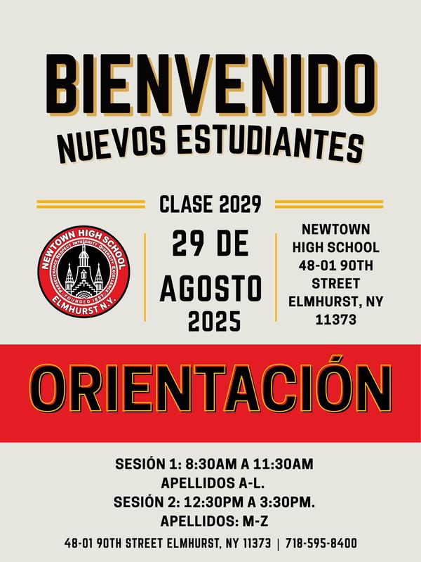 Folleto de orientación para estudiantes de primer año. Folleto con texto y el logotipo de Newtown. Todo el texto en la publicación adjunta.