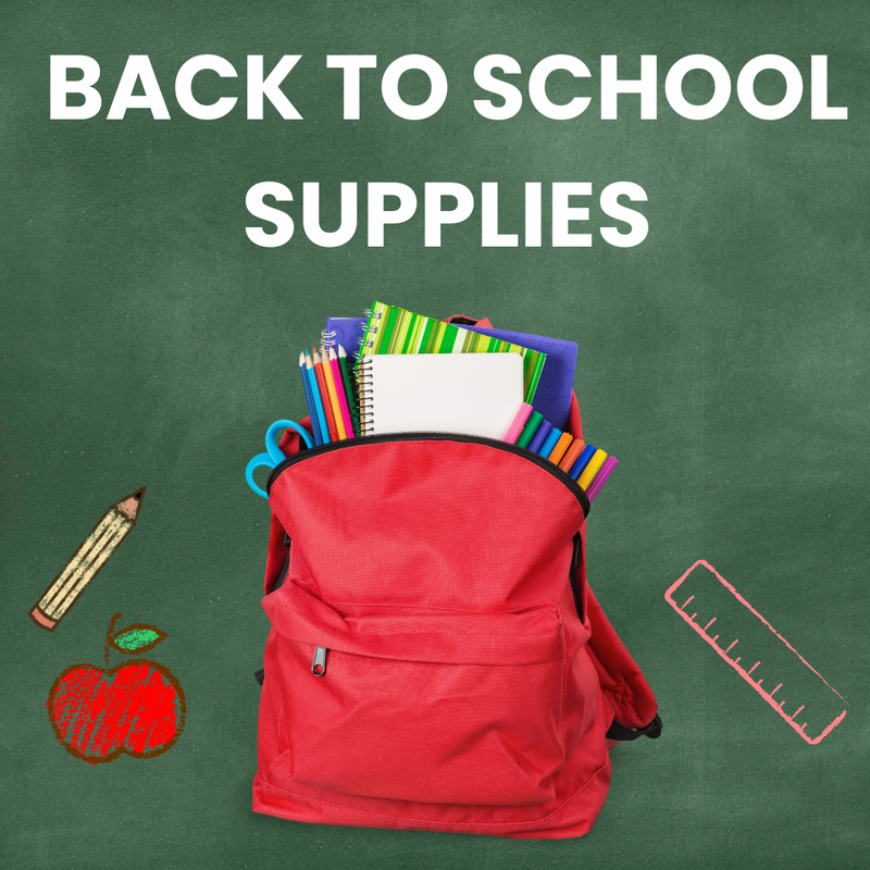 Chalkboard background with backpack and chalk drawings and text, "Back to School Supplies."
