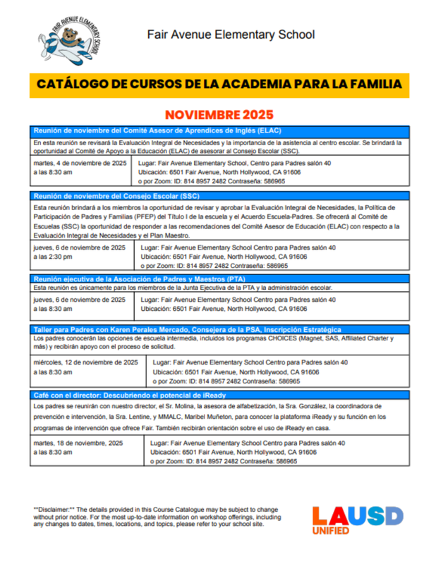 Catálogo de cursos de la Academia Familiar de noviembre