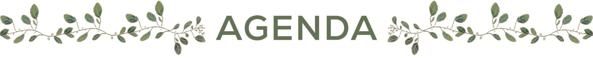 Decorative divider with leafy vines on both sides and the word “Agenda” in green centered between them.