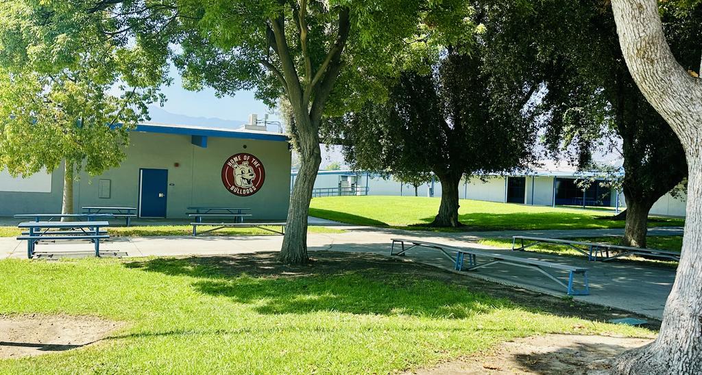 Park area with green grass, trees, and a school building with a logo.