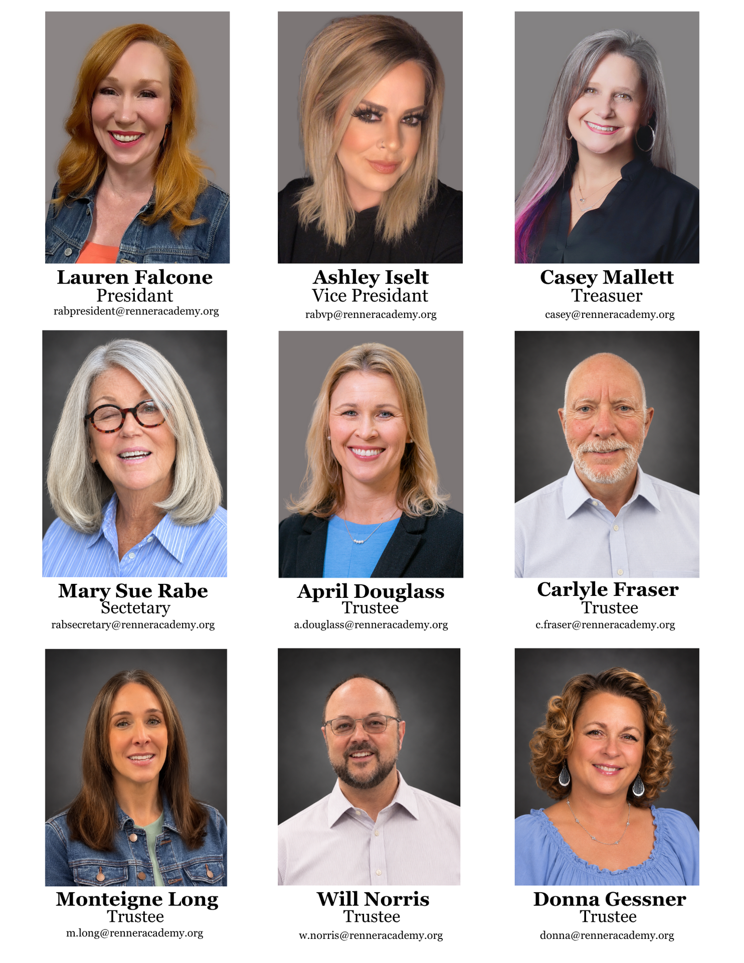 picture of all of the school board members. The attached PDF will provide the read aloud of names.