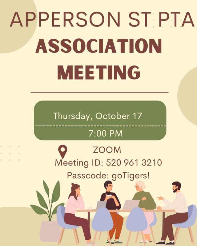 PTA association meeting October 17th at 7 PM on zoom.