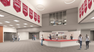 Architectural rendering of the proposed Marion Senior High School gymnasium lobby and concession area.