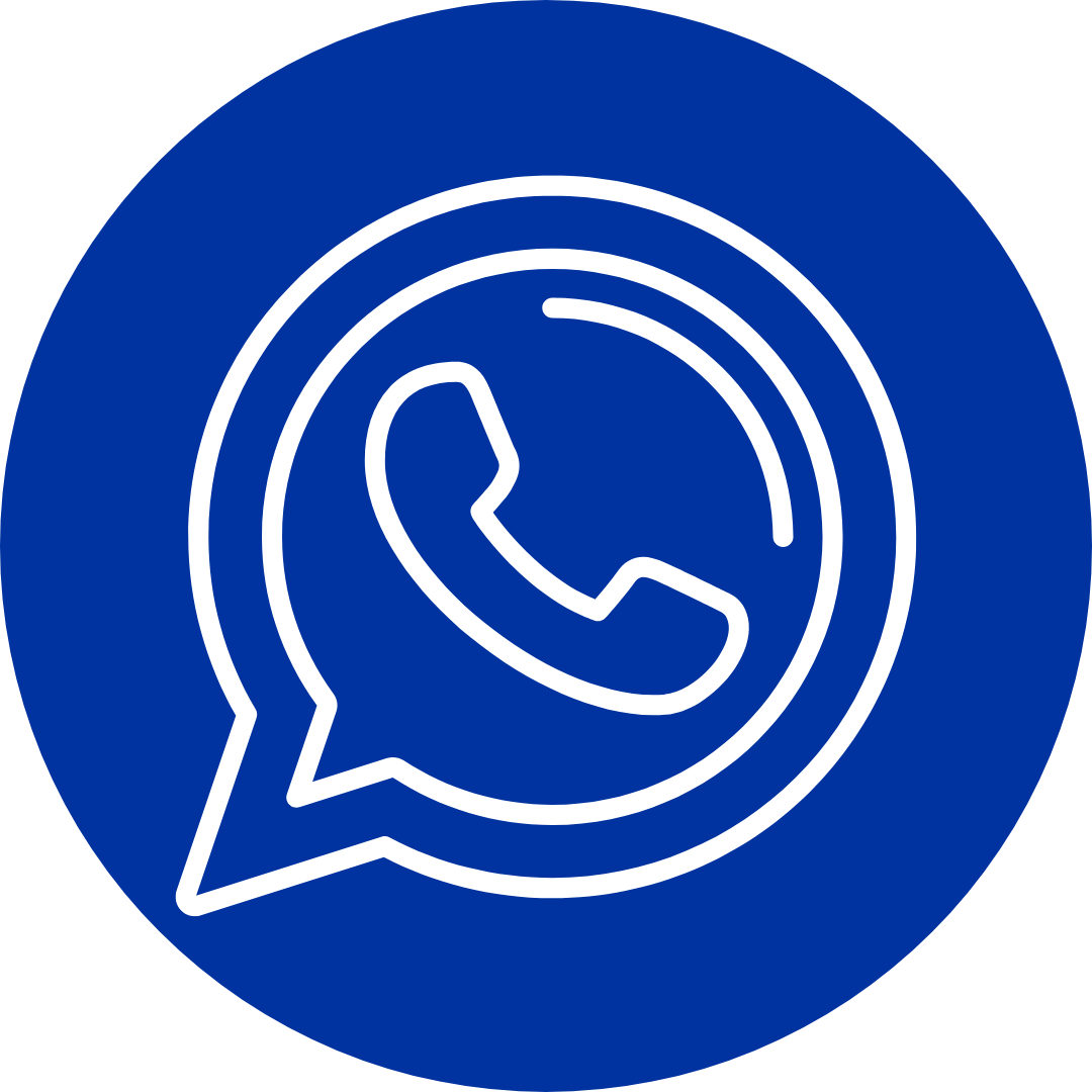 Blue circular icon showing a phone with a chat bubble.