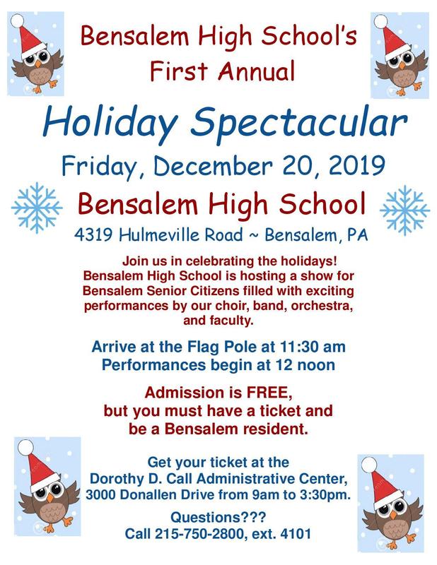 Flyer with snowflakes and owls wearing Santa hats advertising Holiday Spectacular at Bensalem High School for Bensalem Senior Citizens.