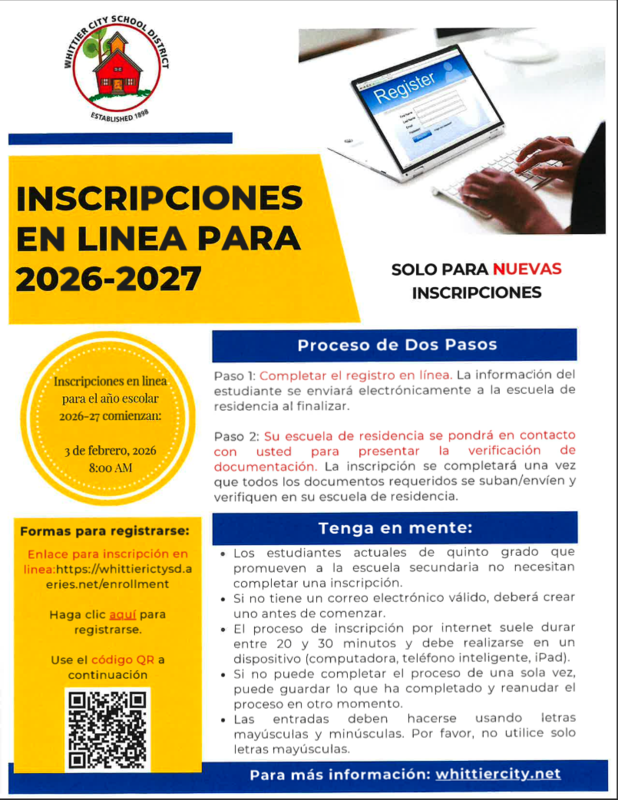 Flyer for 2026-27 Registration Flyer in Spanish