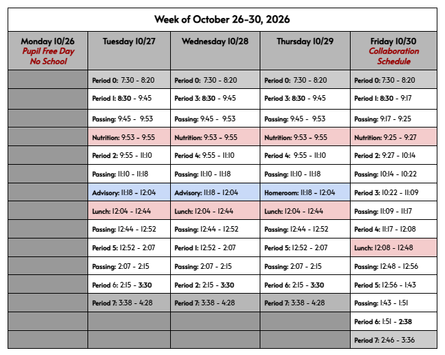 Bell schedule for Oct. 26