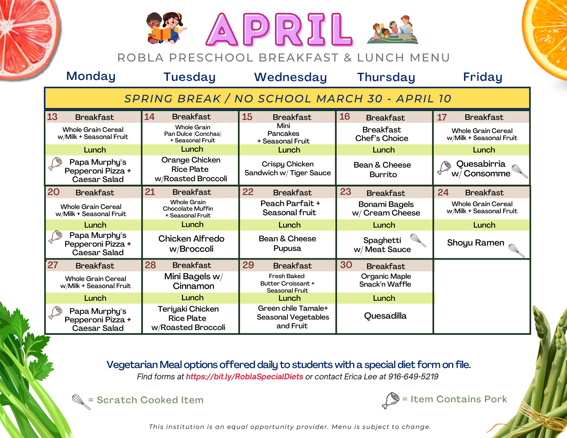 Preschool Breakfast & Lunch Spring Break
