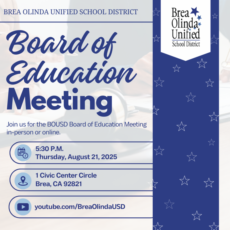 a flyer with navy blue and white elements, stars and information about the Board of Education Meeting on Aug. 21