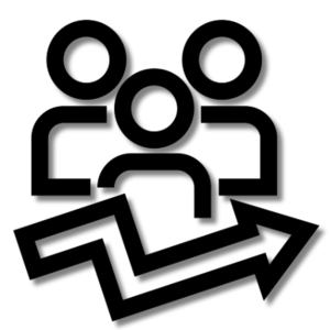 Three stylized figures with arrows indicating movement.