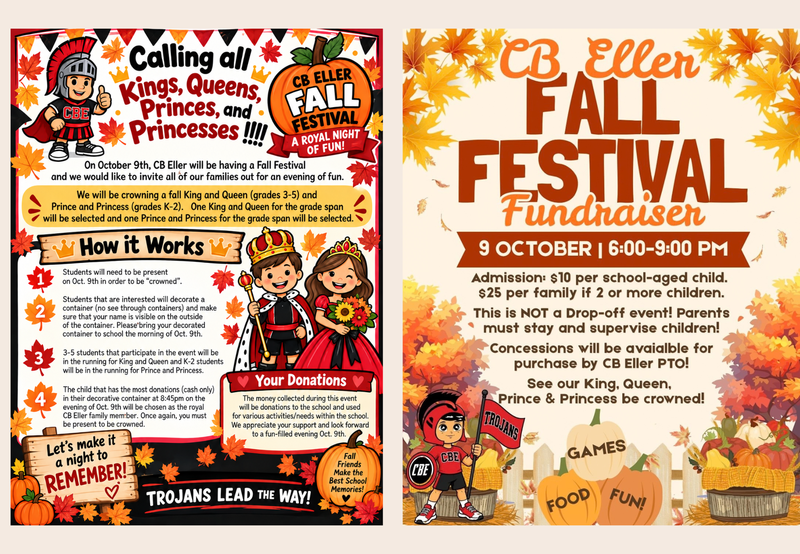 Flyer for Fall Festival featuring games, concessions, crowning of school royalty
