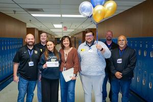 Michelle Discavage and Zoey Beckham with Mrs. Bairds, United Supermarkets, and Frenship High School Administrators