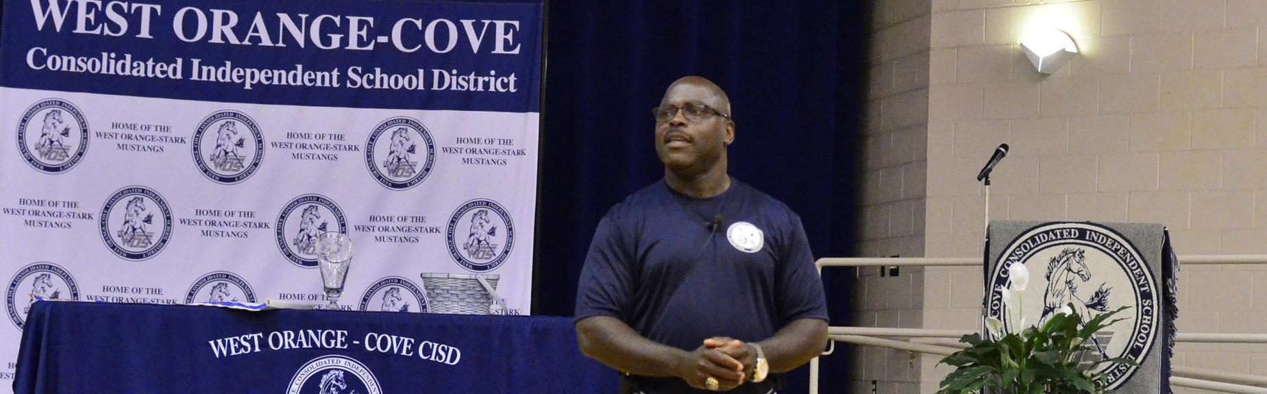 WOCCISD Superintendent Dr. Rickie Harris welcomes staff to the 2019-2020 District Convocation and new school year.