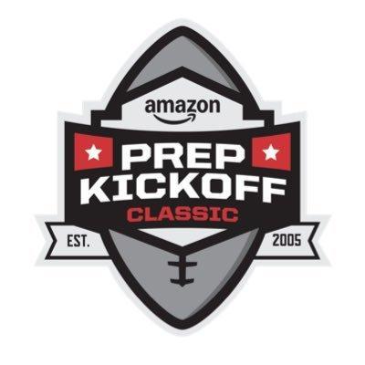 White background with a grey football in the center featuring the amazon Prep Kickoff Classic